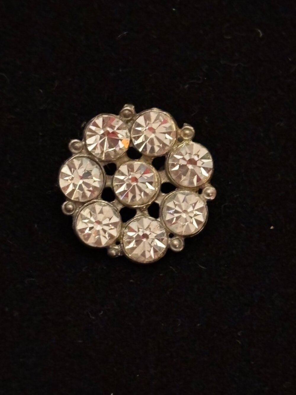 Vintage Pot Metal Round Clear Faceted Crystal Rhinestones Brooch